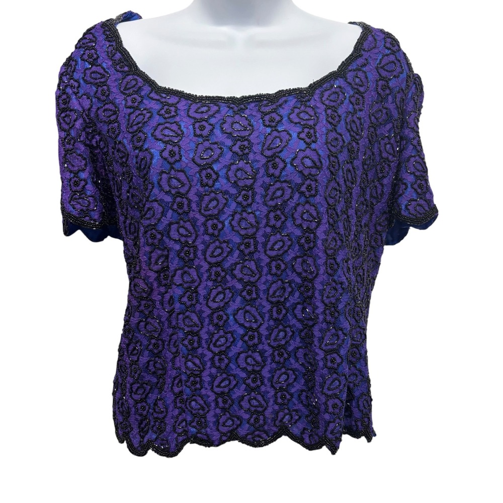 Stenay Womens XL Beaded Lace Top Purple Blue Floral Scalloped Hem Short Sleeve‎